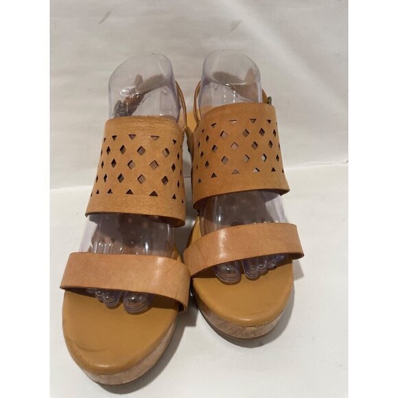 Korks By Korks Easy Womens Tan Laser Cut Leather Wood Platform Sandals size 10 - Picture 2 of 10